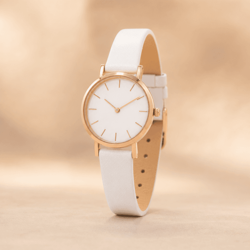 Relógio Feminino Slim Couro Branco Ouro Rosé